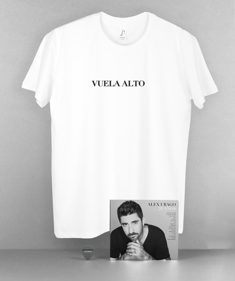Pack Camiseta Blanca Vuela Alto + CD + Púa Alex Ubago